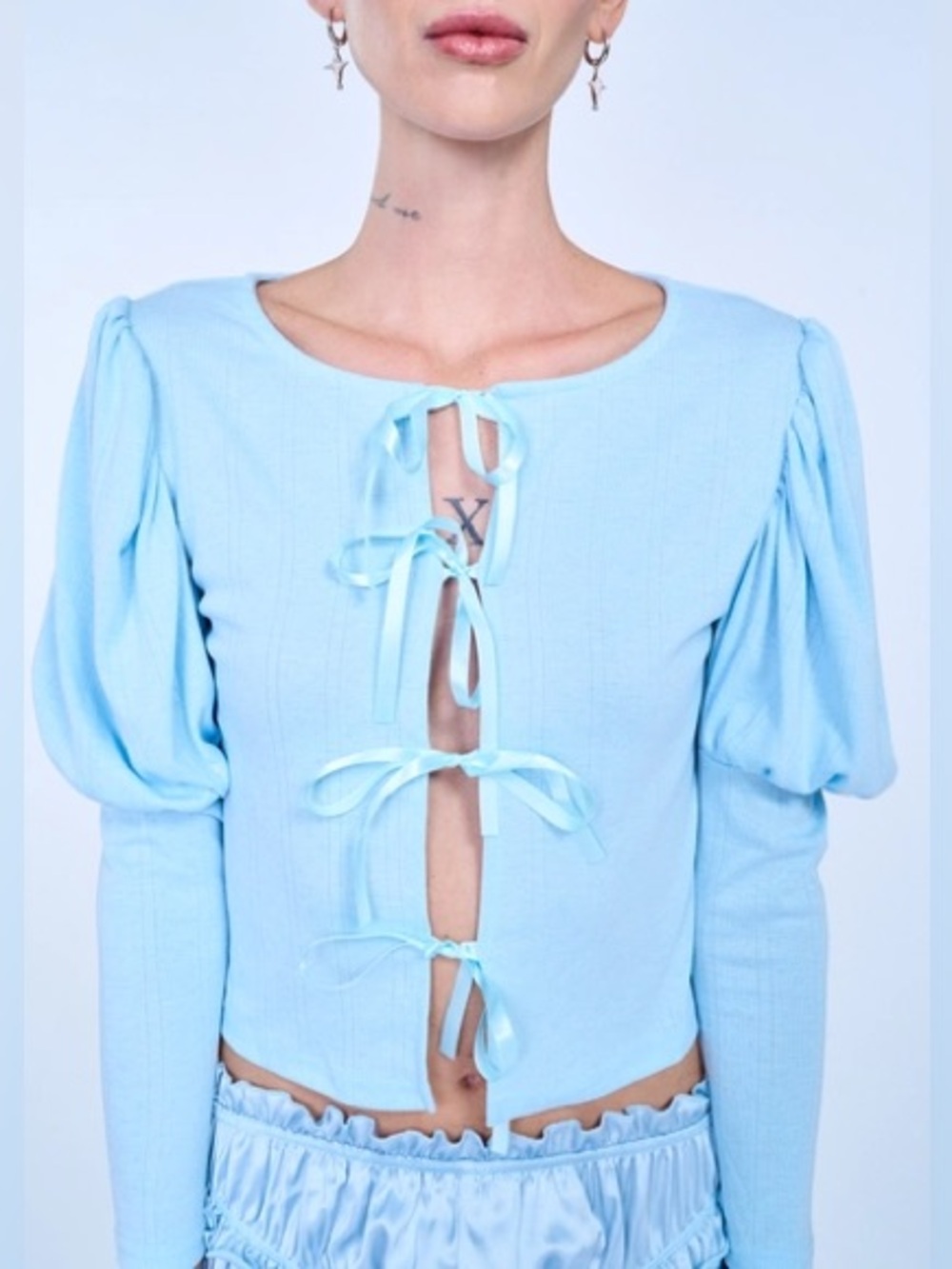 NWT Allina Liu Mitski Pointelle‎ Cardigan Baby Blue Tie Front Womens Size XXS